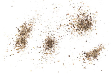 Set ground black pepper powder isolated on white background, top view