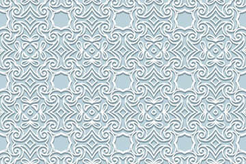 Geometric volumetric convex ethnic white 3D pattern, cover design. Embossed blue background, arabesque. Cut paper effect, openwork lace texture. Oriental, Indonesian, Asian unique motives.