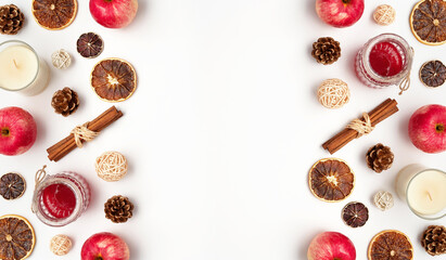 Autumn flat lay composition of apples, fall foods and decor on white background. Ingredients for...
