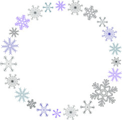 Winter theme frame made of blue, grey, purple and black snowflakes on white background. Winter, seasonal, holidays. Copy space.