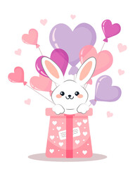 A cute rabbit is sitting in a gift box with heart-shaped balloons. Vector illustration in a flat style for Valentine's Day
