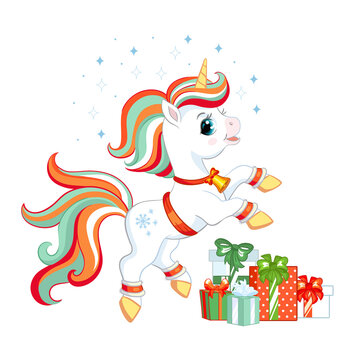 Cute Christmas unicorn with gifts vector illustration