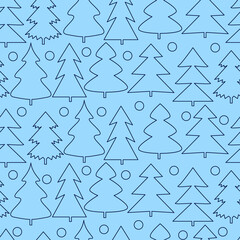 Christmas tree outlines on a blue background. Seamless vector pattern for wallpaper, design, packaging.