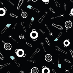 Vector Black kitchen utensils doodle background pattern