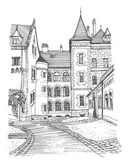 Travel sketch of Stein, Middle Franconia, Germany. Hand drawing of old town. Historical building line art. Hand drawn travel postcard. Urban sketch in black color isolated on white background.