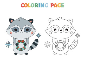 Winter coloring page with cute cartoon raccoon and wreath. Kawaii character. Coloring book with a colored example for children. Black contour silhouette. Happy New Year. Vector illustration.