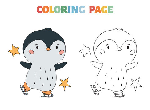 Winter coloring page with penguin and ice skates. Christmas or New Year coloring book with a colored example. Black contour silhouette. Kawaii cartoon animal. Vector illustration.