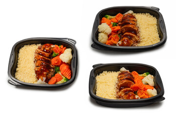 Ready food in a container. Stewed chicken in teriyaki sauce, stewed carrot, cabbage and porridge.