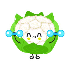 Cute funny cauliflower character with dumbbells. Vector hand drawn cartoon kawaii character illustration icon. Isolated on white background. Cauliflower character gym concept