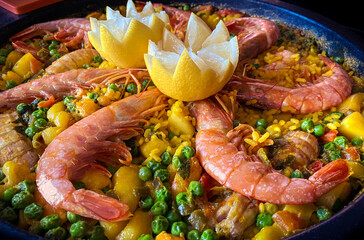 Chef cooking a paella with prawns, lemon and assorted seafood. Tasty dish Spain