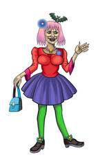 a young positive-minded vampiress in a bright outfit with a bag in her right hand