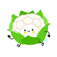 Cute funny running cauliflower. Vector hand drawn cartoon kawaii character illustration icon. Isolated on white background. Run cauliflower concept