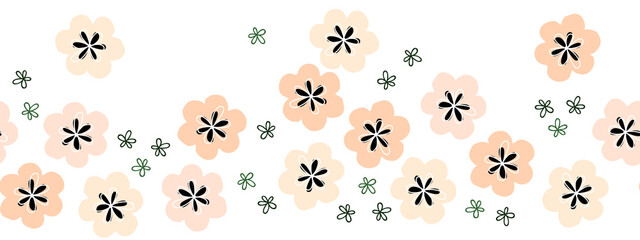 Seamless horizontal, banner background with simple  floral pattern.  pink flowers on a White background. Floral background in flat style for printing on paper, curtains, tablecloths. 