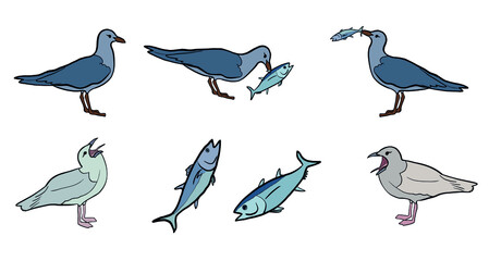 Seagull and fish set. sea, ocean. The gull is fishing. flat design. kawaii. cute. Birds. tuna. vector eps 10