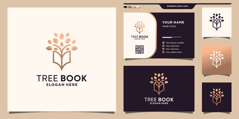 Tree combined book logo with line art style and business card design Premium Vector