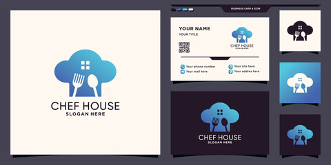 Chef house logo with negative space concept and business card design Premium vector