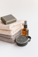 Natural cosmetic oil and natural handmade soap and solid shampoo. Healthy skin care. SPA concept