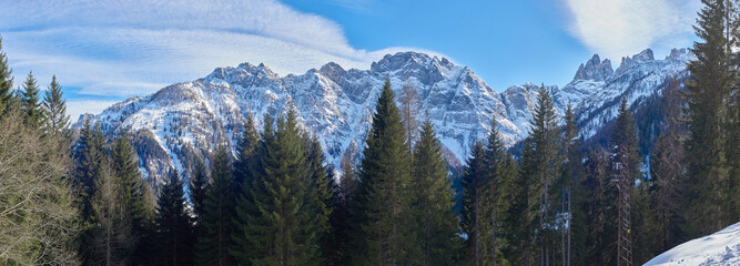 Zimowy krajobraz górski. Zdjęcie panoramiczne. Słoneczny dzień zielone drzewa i ośnieżone szczyty górskie. - obrazy, fototapety, plakaty