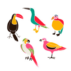 Set of hand drawn funny birds, Colorful vector illustration. Isolated on white. 