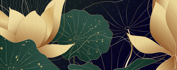 Luxury background with gold lotus flowers and green leaves with splashes of gold. - obrazy, fototapety, plakaty