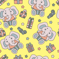 Seamless pattern with toy elephants and gifts