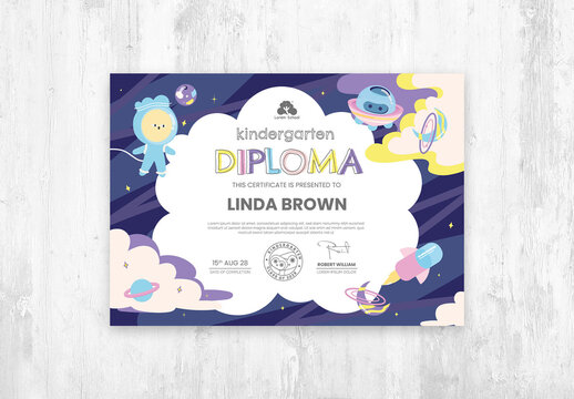 Certificate for Kindergarten with Pink and Purple Galaxy and Space Vector Illustration