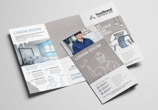 Painter Service Brochure Flyer Trifold Layout in Blue and White
