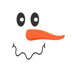 Cute snowman face with upset emotion. Funny snow man head with squiggly mouth and carrot nose. Winter holidays design. Vector cartoon illustration.
