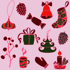 new year and Christmas set of vector doodle isolated elements.