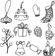 new year and Christmas set of vector doodle isolated elements.