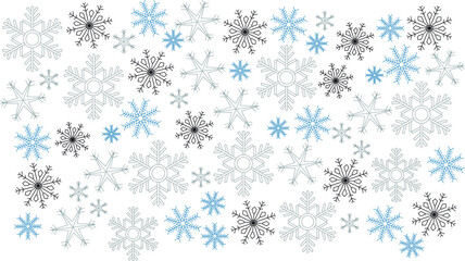 Black, blue, white and grey snowflakes covering enter frame, on white background. Winter, seasonal, holidays.