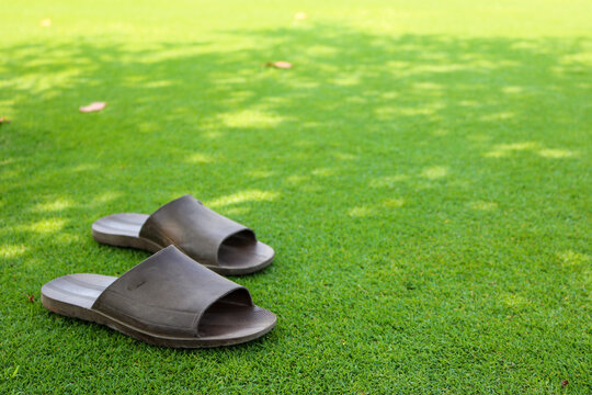 High Angle View Of Shoes On Grassy Field