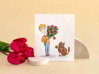 Watercolor card: boy, bouquet, cat. Concrete props, tulips. Mother day