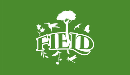 Creative Natural Logo Using Word Field using elements Flower, Hummingbird, bird, Butterfly, Leaf and Dragonfly for adventure, tourism, entertainment, travel, water and food related business