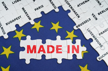 The EU flag has city name puzzles and puzzles with the words - Made in