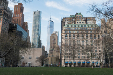 Residential buildings near park in city