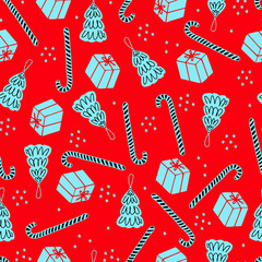 Christmas seamless pattern Christmas tree toy, lollipop and gift box. Vector pattern for wrapping paper and congratulations
