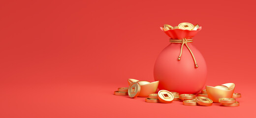 Happy Chinese New Year decoration with red pouch money bag and chinese gold coins. 3d rendered image