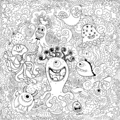 Composition of hand drawn sketch style fictional little monsters isolated on white background. Vector illustration.