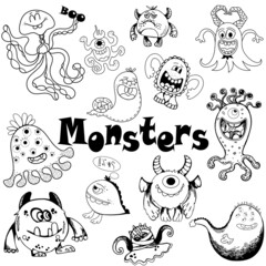 Set of hand drawn sketch style fictional little monsters isolated on white background. Vector illustration.