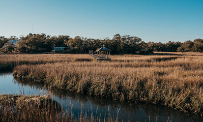 marsh dock blue sky south carolina