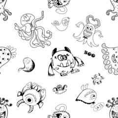 Seamless pattern of hand drawn sketch style fictional little monsters isolated on white background. Vector illustration.