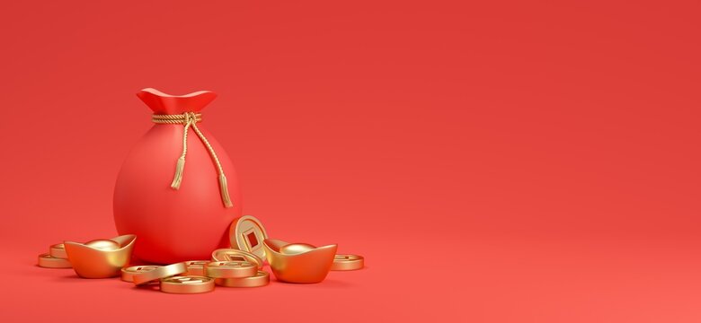 Happy Chinese New Year decoration with red pouch money bag and chinese gold coins. 3d rendered image