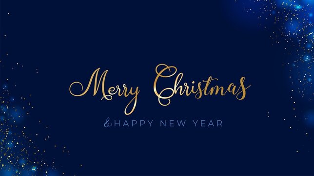 Happy New Year and Merry Christmas banner. Elegant navy xmas background with sparkling confetti. Blue sparkling luxury background vector illustration. Happy New Year greeting card,flyer, poster design