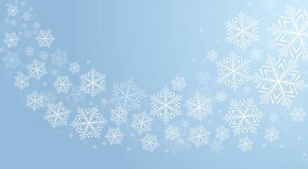 Snow blizzard effect with white snowflakes on blue background. Winter design for Christmas decor, greeting card, poster, flyer etc. Abstract white snowflakes vector illustration