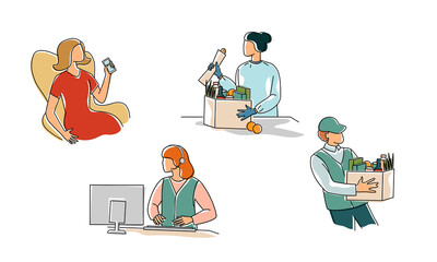 Online grocery store. Concept of delivery service. Call center, packer, courier, women online ordering groceries.Line drawing color illustration
