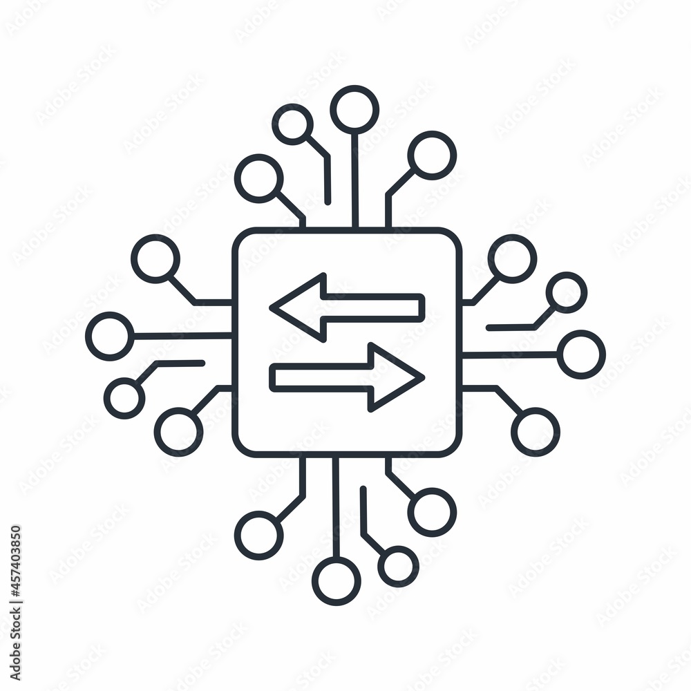 Poster digital microcircuit with exchange arrows. electronic trading. vector linear icon isolated on white 