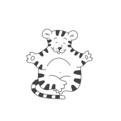 Tiger relax yoga meditation cartoon outline black white cute character. Vector isolated illustration.