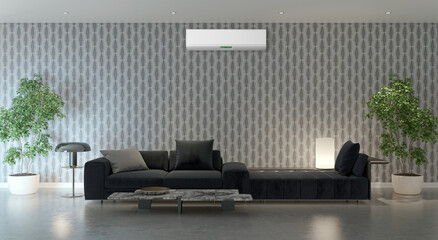 large luxury modern bright interiors living room with air conditioning mockup illustration 3D rendering