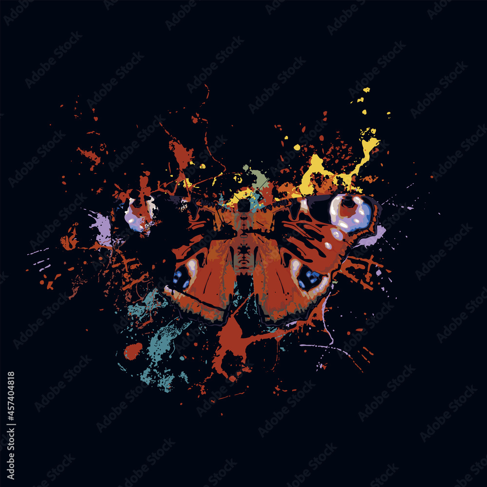 Poster abstract vector illustration of a peacock eye butterfly with open wings on a black background with c